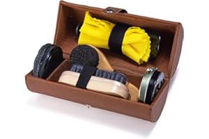 YUET Kit De Cirage Chaussure Noir Nettoyage De Chaussures Pour Cuir Marron Et Avec Brosse De Polissage, Étui De Voyage En Crin De Cheval, Applicateur En Bois, Chausse-Pied, Chiffon, 7 Pièces