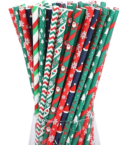 Pailles En Papier Noël 150 Pièces - Motifs Arbre, Étoile Rouge/Vert, Biodégradables, Pour Cocktail, Fête, Anniversaire, Mariage