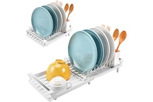 Litimkat Escurridor de Platos, Escurreplatos Compacto Extensible con Escurridor de Cubiertos de Acero Inoxidable, Bandeja de Goteo / 28-47 cm (Blanco)