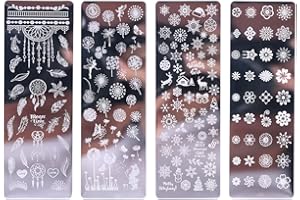 CWED 4 Stück Nagel stempelset,Schblonen Platte Set,Nagelstempel, Schaber für Nagelstempel Maniküre French nails stempel Art/Pflanze/Puzzle/Geometrie/Feuer/Tier/Spitze/Feder
