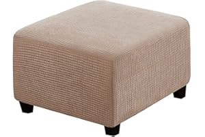 qiden Square Footstool Cover Stretch Ottoman Cover Plush, 10% Thicker Large Stretch Pouffe Cover Anti-Slip Foot Stool Jacquard Slipcovers With Elastic Bottom, Machine Washable-Khaki-Large
