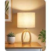 GOEBLESON Wooden Bedside Table Lamp Beige | Solid with Ring Base, Linen Shade, Includes a 2700K LED Bulb, for Living Room, Be