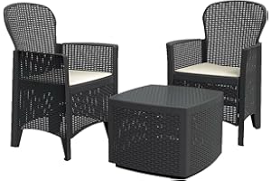 Dmora - Ensemble de salon d'extérieur Naples, Composition de jardin avec 2 fauteuils et 1 table de rangement, Salon effet rotin, 100% Made in Italy, Anthracite