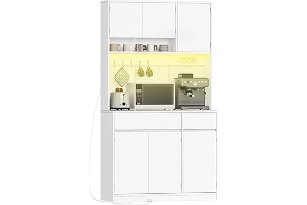 Hzuaneri Alacena de Cocina, 180 cm Aparador Comedor, aparador Cocina con regleta y Tira de Luces LED, encimera y 2 cajones, e