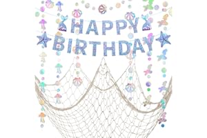 ZERODECO Meerjungfrau Geburtstag Party Dekorationen, Irisierende Meerjungfrau Girlande Happy Birthday Banner und Fischnetz für Meerjungfrau Thema Geburtstag Piraten Party Nautische Party Dekorationen