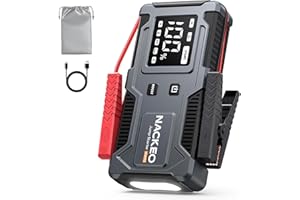 NACKEO Starthilfe Powerbank 6000A,12V Batterie Booster (bis zu 9L Benzin und 7L Diesel), Auto Starthilfe mit integriertem Starthilfekabel, LED-Lampe & Display – ideal für SUV, Motorräder, Rasenmäher