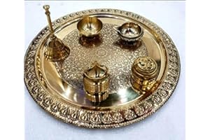 Estationeryhouse Indian Pooja Thali Set of 6 Pcs Diwali Festival Brass Aarti Pooja Thali, Pongal, Holi, Onam, Puja, Wedding, Ceremony, Mehndi Pooja Temple