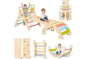 Giant bean Klettergerüst Indoor ab 1 Jahr Klettergerüst Indoor Kletterdreieck Indoor Spielplatz 5-in-1 Montessori Kletterdreieck mit Kletterbogen und Rutsche, Regenbogen mit Griff (S)