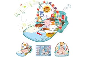 WHDJSPIN Baby Play Mat, Baby Gym Piano with Music & Lights, Thicked Playmats & Floor Gyms for Newborn 0-36 Months Baby Playmat with 5 Rattle Toys, Zoo Print