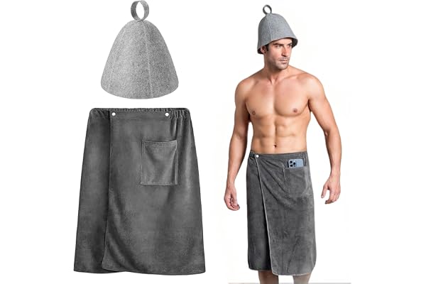 Bastu Kilt för män med 1 bastuhatt, 140 × 70 cm snabbtorkande bastuhandduk med ficka, justerbar mikrofiber badhandduk med knapp, badhandduk för SPA Gym Dusch Beach