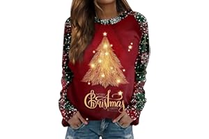GENERISCH Weihnachtspullover Damen Lustig Loose Soft Weihnachtsbaum Druck Langarm Pullover Tops Ugly Christmas Sweater, S-3XL