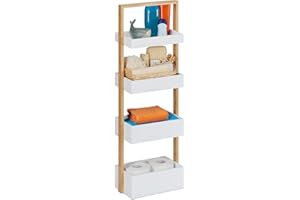 Relaxdays Scaffale da Bagno, 4 Ripiani, Mobiletto in bambù & MDF, Mobile Stretto, HLP: 88 x 30 x 18 cm, Bianco Naturale, Fibra di Legno
