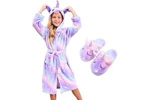 Piefry Unicorn Dressing Gown for Girls - Soft Hooded Robe Sleepwear With Slippers, Gifts for Girls
