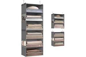 SONGMICS Portaoggetti da Appendere, Organizer Armadio, Divisibile, Pieghevole, Ganci in Metallo e Inserti in Bambù, Grigio Tortora RCH007G01