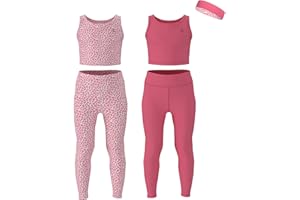 Essenclo Girls Athletic Leggings Yoga Pants w/Sleeveless Crop Tank Tops for Kids Workout Cheer Dance Run Sizes 3-16, 5pc Set