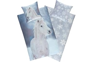 ‎AMINATA KIDS Aminata kids Biber Pferde Bettwäsche 135x200 Mädchen Kinder Pferdebettwäsche - Motiv mit Pferd - warm & kuschelig - 2teilig mit Reißverschluss - weiß, blau Schneeflocken