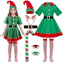 IKALI Robe De Noël Femme Elfe, Miss Santa Costume Avec Chapeau, Collier, Ceinture Et Chaussette - Taille S