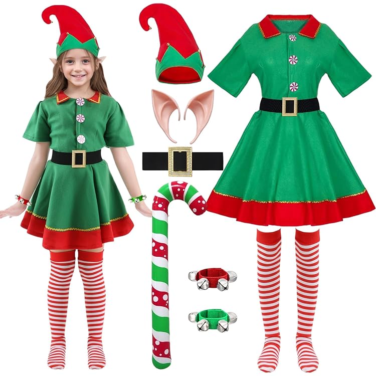 Costume Lutin Noël - Tablier Et Bonnet Rayé Rouge/vert - Pour Adultes Et Enfants - Fêtes, Cosplay, Soirées Déguisées