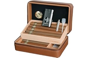 ‎VOLENX Volenx Humidor Zigarren, Zigarrenetui Leder mit Feuerzeug, Tragbarer Reisehumidor mit Zedernholzeinlage Hält bis zu 10 Zigarren, Tolle Zigarren Geschenk Set für Männer (Braun)