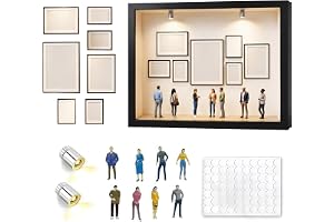 DIY Mini Museum bildram, foto minnesindikator set med 8 mini gyllene ram, 8 miniatyr människor och LED-ljus, skuggbox bildram