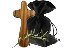 Lunexus Cruz de madera de olivo aprox. 9 cm - Hecho a mano en Belén - bendito con certificado - Incluye bolsa de tela - Cruz de consolación, bendición de bolsillo, regalo para bautizo, comunión