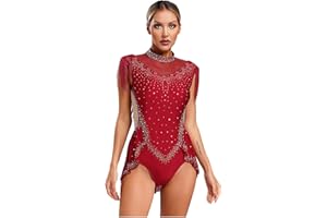Agoky Damen Eiskunstlauf Kleid Ärmellos Rollkragen Ballettkleid Glitzer Strass Tanz Gymnastik Leotard Trikot mit Rock Fransen Eislaufen Bekleidung