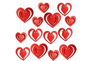 HOWAF Dekoracje walentynkowe 3D romantyczne czerwone serce wisząca dekoracja na ślub artykuły walentynkowe, 15 szt. ozdoba serca na zaręczyny rocznicę urodziny dekoracje, z czerwonymi wstążkami