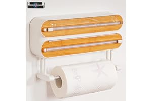 Quasziwa Porta Rotolo da Cucina da Parete Per 3 Rotoli - Dispenser Pellicola e Alluminio di Aspirazione Magnetica con Taglierina Affilate, Taglia Pellicola con Portarotolo con 50m Film, Bianco