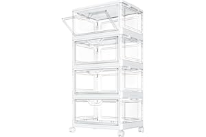 StowBin Storage Boxes with Lid - Plastic Storage Bins with 1 Lid,23L*4 Tier Clear Stackable Storage Boxes with Wheels,Large Bins Organizer for Bedroom Living Room Bathroom,4-Tier&1 Lid