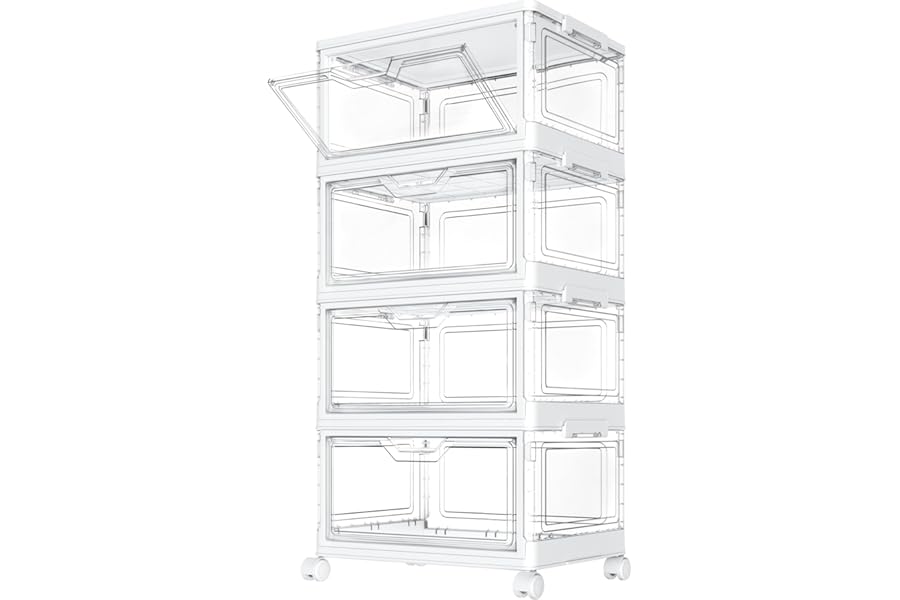 StowBin Storage Boxes with Lid - Plastic Storage Bins with 1 Lid,23L*4 Tier Clear Stackable Storage Boxes with Wheels,Large Bins Organizer for Bedroom Living Room Bathroom,4-Tier&1 Lid