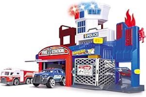 Dickie Toys – Parkgarage Feuerwehr und Polizei – Parkhaus inkl. 2 Spielzeugautos, mit Aufzug, Blaulicht, Sirene, Löschfunktion, für Kinder ab 3 Jahren