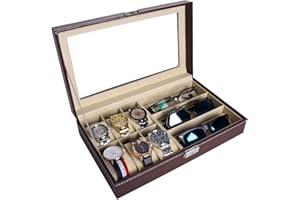 AUTOARK Leather 6 Watch and 3 Eyeglasses&Sunglasses Box with Jewelry Display Case Organizer,Mens Women Storage Holder Boxes,Glass Top,Brown,AWU-020