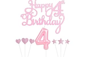 YIRAN Personalised Happy 4th Birthday Cake Topper with Pink Number 4 Candles, Star Heart Cupcake Toppers Decorations Set for Her Him Girls Birthday Anniversary (Set 8)