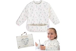 Belea Babero con Mangas Impermeable Bebe BLW con Bolsillo Recogemigas Alimentacion Complementaria Babete Impermeável Bebe Lavable Regalo Cumpleaños Baby Shower sin BPA Ajustable de 6 Meses a 3 Años
