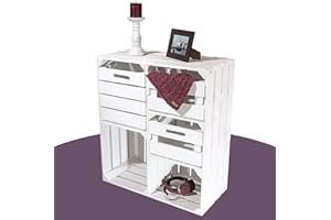 VINTAGE MÖBEL 24 GMBH Großes Vintage Holzregal mit fünf Fächern, Holzkiste neu, 68x35x77cm (Weiß mit Schubladen)