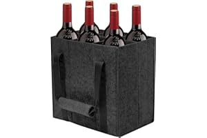 VIBINHO Bolsa Botellero Vino de Fieltro con 6 Compartimentos, Bolsa para Botellas Fieltro con Asa de Velcro, Reutilizable, Portátil, para Botellas Agua, Vino y Cerveza, Negro