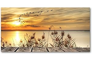 Tulup Impression sur verre100x50 cm Image Tableau Photo décorative panoramique pour la Cuisine et Le Salon - Paysage - Pier Au Bord du Lac - Orange