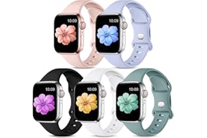 CeMiKa 5pack Bracelets Compatible avec Apple Watch Bracelet 41mm 38mm 40mm, Sangles Sport Silicone Souple pour iWatch Series 9 8 7 6 5 4 3 2 1 SE, Hommes Femmes, Noir/Blanc/Pin/Rose/Lilas (S/M)