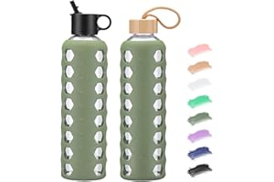 BLUEGO Bouteilles d'eau en verre, 700/900 ml Verre Gobelet, Bouteilles à boire avec 2 couvercles, Motivation Bouteille d'eau avec Marqueur de temps et manchon en silicone, Étanche