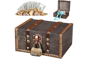 FENGQ Vintage Holz Schatztruhe, Holz Schatztruhe Spardose, Holz Aufbewahrung Schatzkiste mit Schloss, schatzkiste kinder, für Aufbewahrung, Dekoration, Kindergeburtstag (Grau 15 * 12 * 7.5CM)