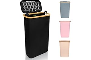 Nest Zest Slim Laundry Basket with Lid and removable inner washing bag. Hamper style Laundry bin with handy clothes label care guide inside the lid. Foldable washing basket, 60L capacity. (Black)