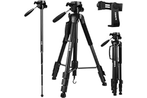 Speedsporting 177 cm Leichtes Stativ Kamera Stativ mit Handyhalterung und Einbeinstativ, Aluminium Stativ Fotostativ mit 3-Wege-Drehgelenk Pan Head für Smartphone DSLR SRL Canon Nikon Sony (Schwarz)