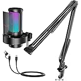 FIFINE USB Oyun Mikrofonu Seti, RGB Işıklı PC Akışlı Mikrofon, Sessiz, Kazan&ccedil; D&uuml;ğmesi, Podcast Kaydı i&ccedil;in Metal Bom Kolu, PS4