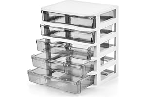 DEAYOU 5 Drawer Desktop Storage Bin Unit, Small Plastic Organizer, White Frame with Clear Drawer, Mini Container Case for Desk, Storing Craft, Accessory, Stationery