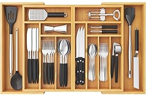 Lifewit Bambusowy organizer do szuflady na sztućce, z możliwością rozbudowy do 36 cali, taca na sztućce kuchni, regulowany uchwyt, plastikowy pojemnik łyżki, widelce i noże