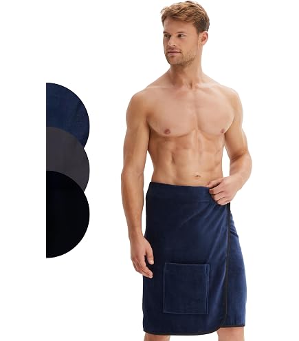 Sowel® Paréo De Sauna Pour Homme - Drap De Sauna Avec Fermeture Velcro Et Poche Zippée, 100% Coton Gris/Bleu