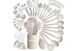 Terlulu Set di Utensili da Cucina, 43 Pezzi, in Silicone, Resistenti al Calore, con Porta Utensili, Lavabili in Lavastoviglie, Colore: Kaki