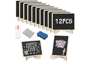 GOTRUST Kreidetafel Memotafel mit Ständer, 12 Kleine Tafel, Mini Tafeln kreidetafeln, Löschbar Memotafel Tischschilder mit Holz Sockel, Tischkreidetafel Karten für Buffet, Hochzeit, Party, Preisschilder