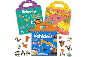 Surcotto Sticker Book, Stickers Bambini Attacca Stacca Book 3 Pack, Temi: Dinosauri, AutomobiliVeicoli e Animali, Adesivi Statico Impermeabile PVC, Giochi Bambini 2 3 4 5 Anni
