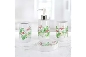 KVOTA Bad Accessoire Set aus Keramik 4-Teilig.: Seifenspender Zahnputzbecher Zahnbürstenhalter Seifenschale (Design Flamingo). Robust und bequem Farbe: weiß, mit Dekofolie